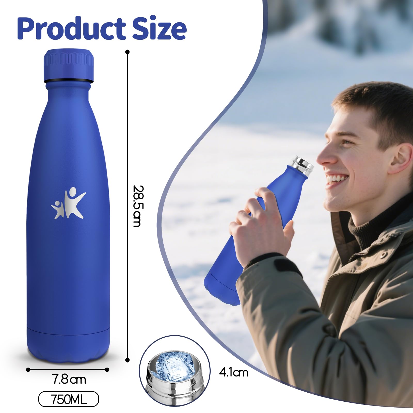 Borraccia Termica, 750 ml Senza BPA, Borraccia, 304 Acciaio Inossidabile, Bottiglia Termica, Isolamento Sottovuoto a Doppia Parete, Bottiglia Metallo per Cucina, Campeggio, Palestra - Blu reale