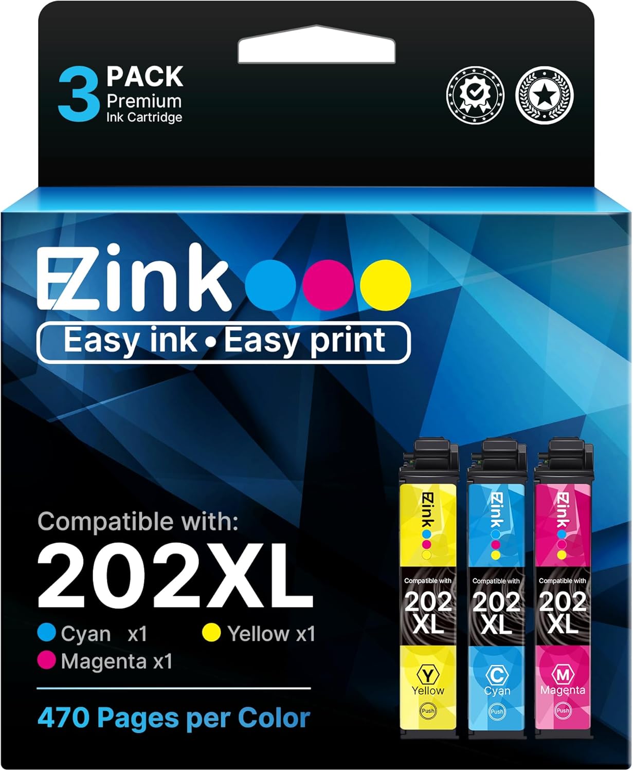 E-Z Ink Remanufactured Ink Cartridge Replacement for Epson 202 XL 202XL T202XL to use with Workforce WF-2860 Expression Home XP-5100 Printer New Upgraded Chips(1 Cyan, 1 Magenta, 1 Yellow,3 Pack)