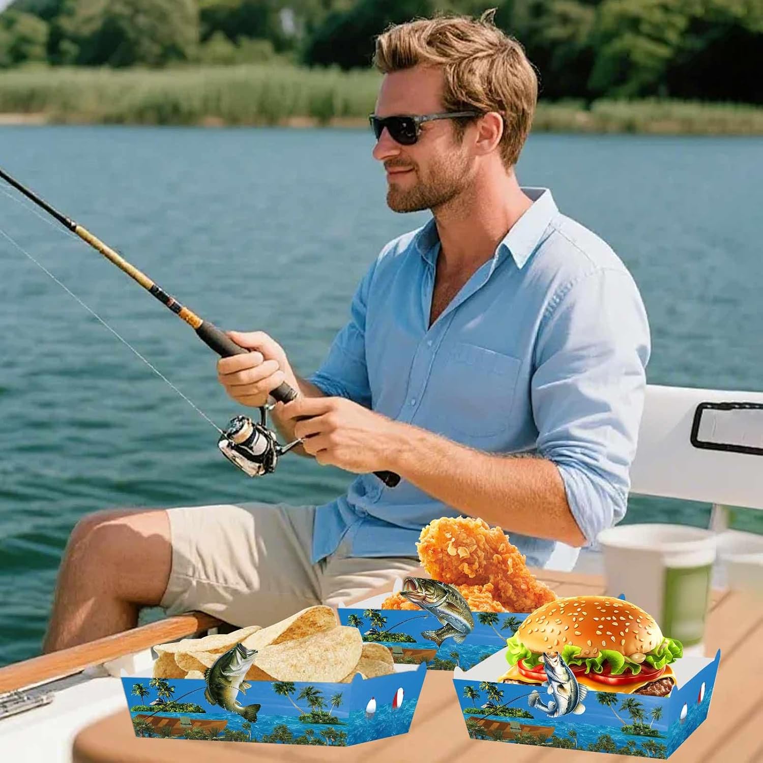 24pcs Go Fishing Paper Food Serving Trays Fishing Birthday Party Supplies Disposable Paper Snack Bowl Little Fisherman Ofishally One Birthday Party Decoration image 4