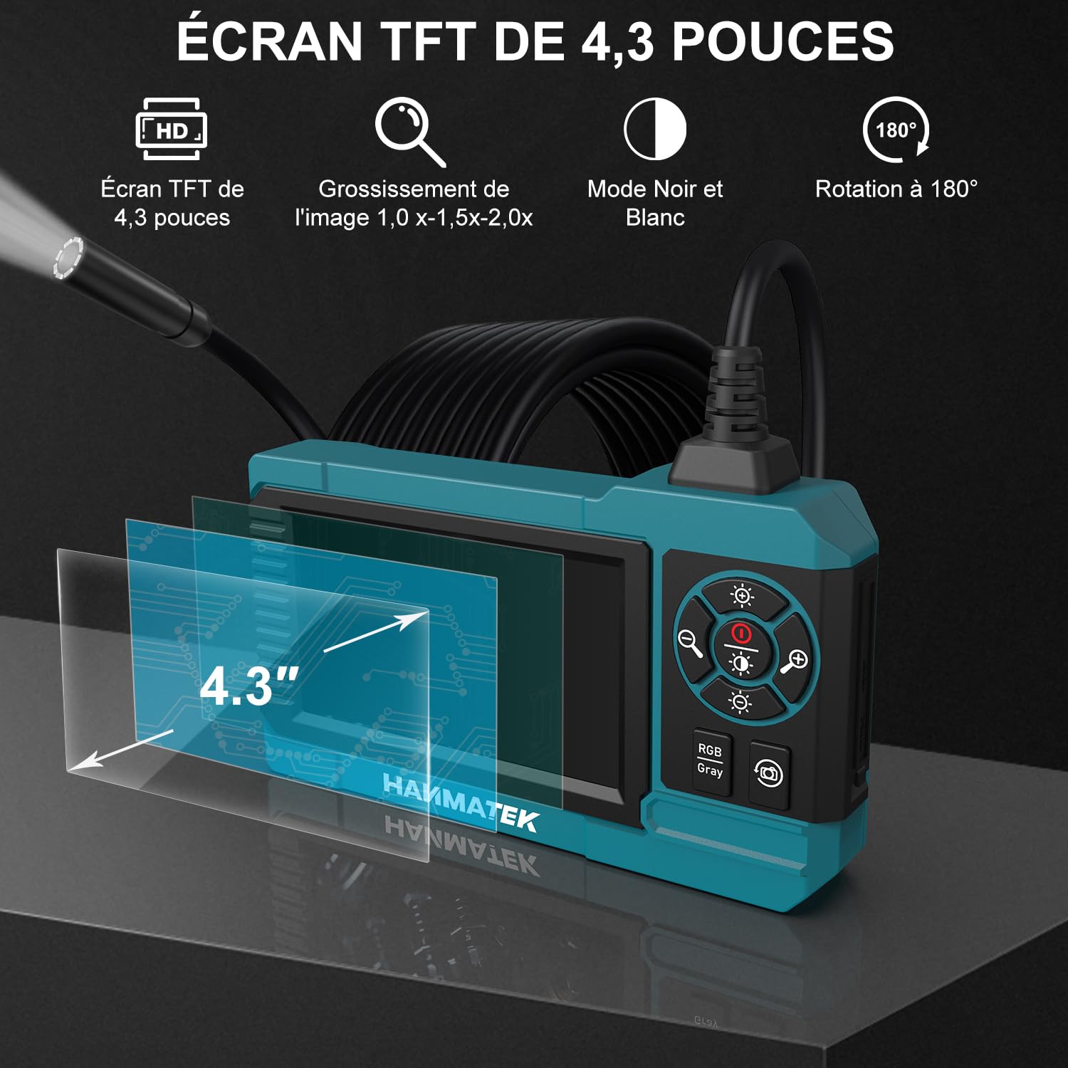 HANMATEK Endoscope Industriel, Écran TFT de 4,3 Pouces, Câble Flexible de 16,5 Pieds, Caméra de 8 mm avec lumières LED Réglables, Chargement USB-C, Autonomie de 4 Heures, Écran Rotatif à 180° IE01