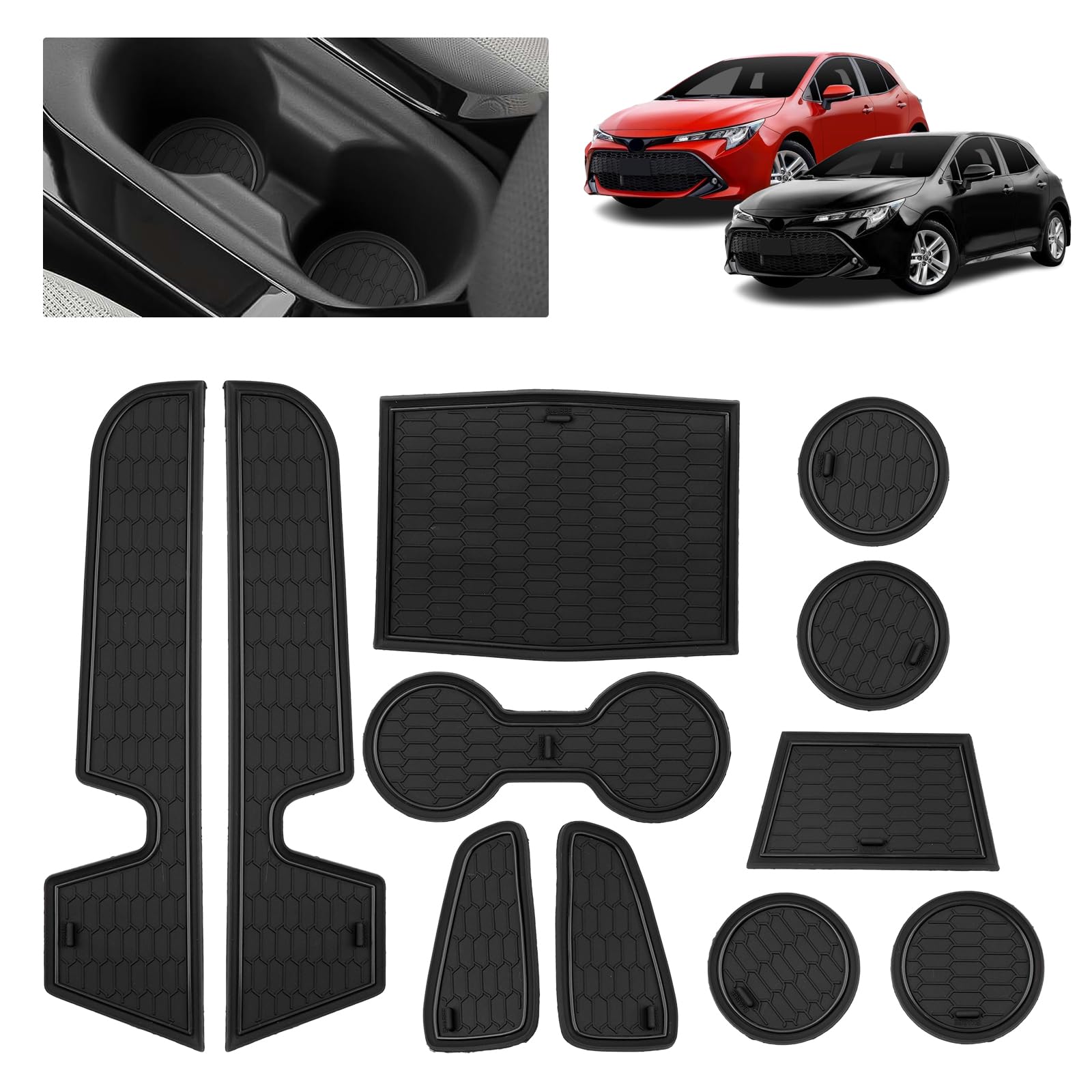 Auto Antirutschmatten für Toyota Corolla E210 (2018-2025) | Originalgetreue Gummi Matte für Mittelkonsole, Getränkehalter, Türmulden | Passend für Corolla Hatchback Sedan Touring Sports (Schwarz)