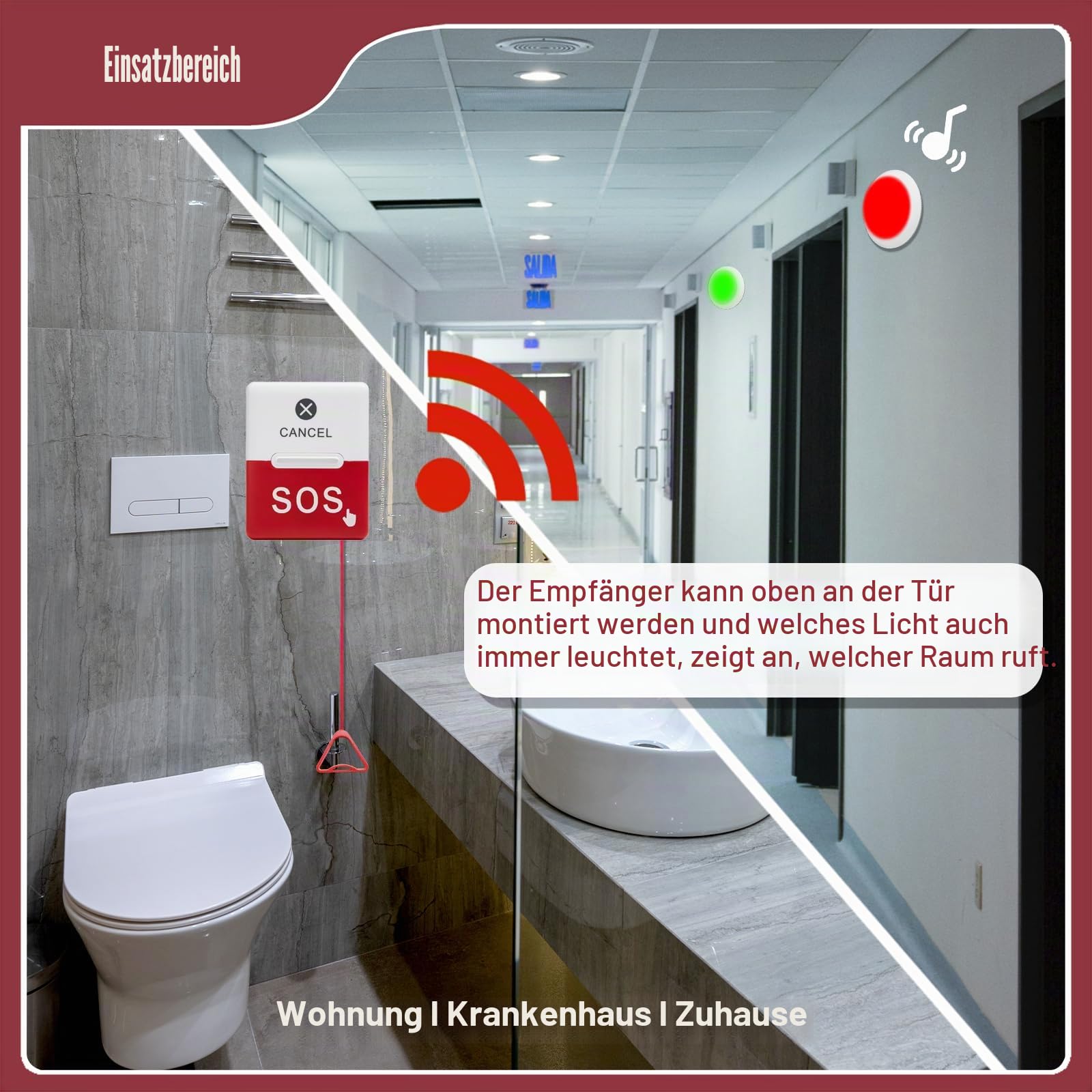 Behinderten-WC-Notruf | SOS-Notrufsystem für Barrierefreie Toilette/Bad | Alarmknopf WC, Notrufanlage Behinderten WC für Person mit Behinderung, Senior, Patient (1 Rufmodul+1 Notruftaste)