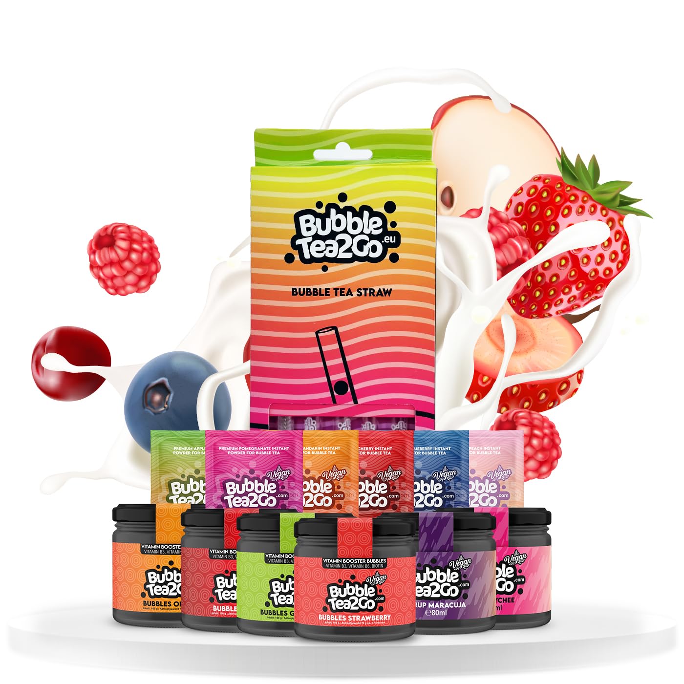BubbleTea2Go - Großes Früchtemix Starterpaket - DIY Bubble Tea Set, 6x Premium Bubble Teas, mit 4x Bubble Perlens, 2x Bubble Tea Sirup und Zubehör - Boba Tea Kit für Parties