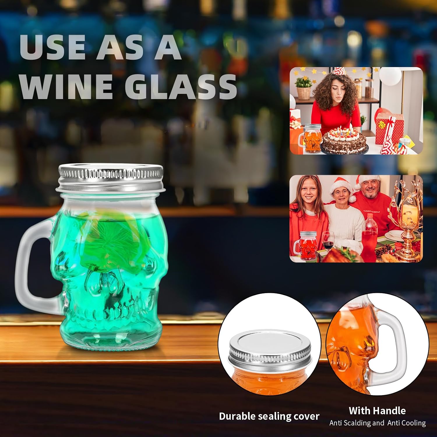 12 Pcs 3D Skull 4 oz small Glass Mason Jar Mugs Mason Jar Mugs with Handles and Lids Small Drinking Glass and DIY Favor Decor Wedding Bridal Shower Party Supplies for Drinks, Gifts (Silver Lids)