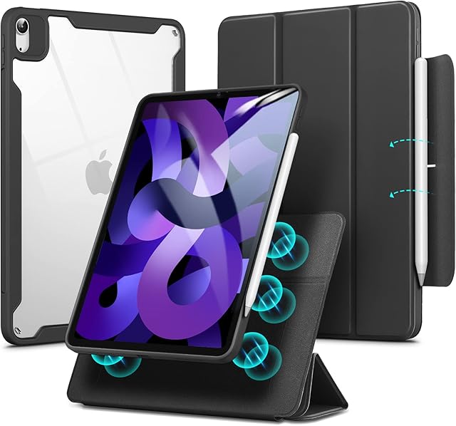 ESR Hybrid Case Compatible with iPad Air 5th Generation Case (2022)/4th Generation (2020), Detachable Magnetic Cover, Adjustable Portrait/Landscape Stand, Pencil 2 Support, iPad Air 5/4 Case, Black