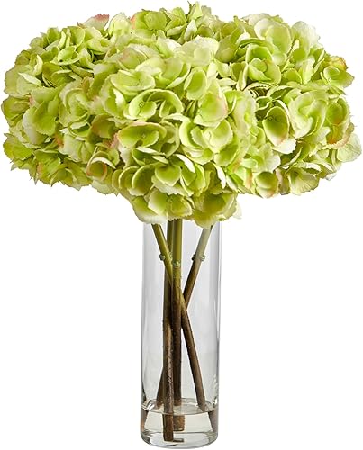 Nearly Natural Arreglo artificial de hortensias de 18 pulgadas en jarrón de vidrio