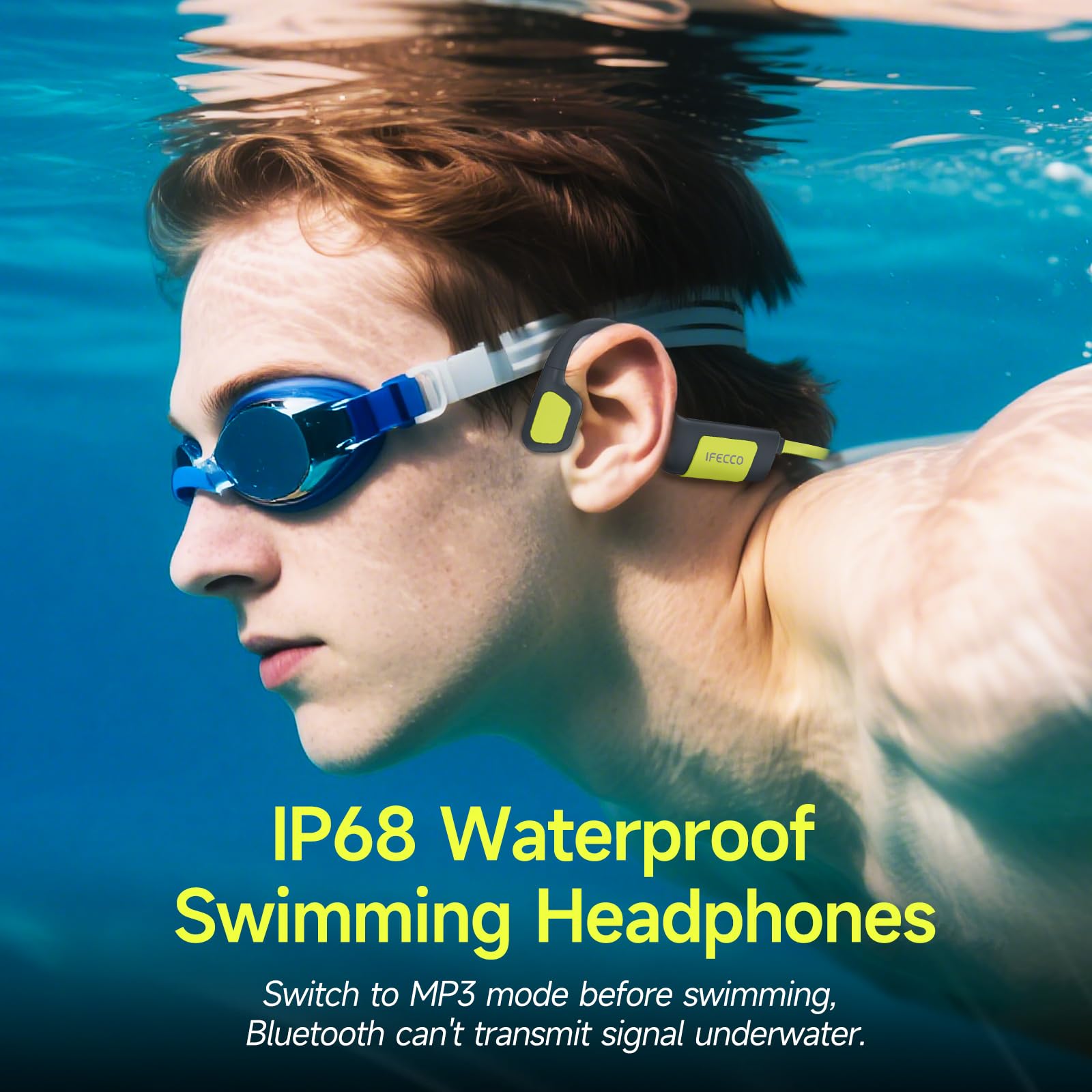 IFECCO Słuchawki do pływania pod wodą, IP68 wodoszczelne przewodnictwo kostne Bluetooth 5.4, otwarte słuchawki douszne z 32 GB pamięci odtwarzacza MP3 do pływania, biegania, jazdy na rowerze