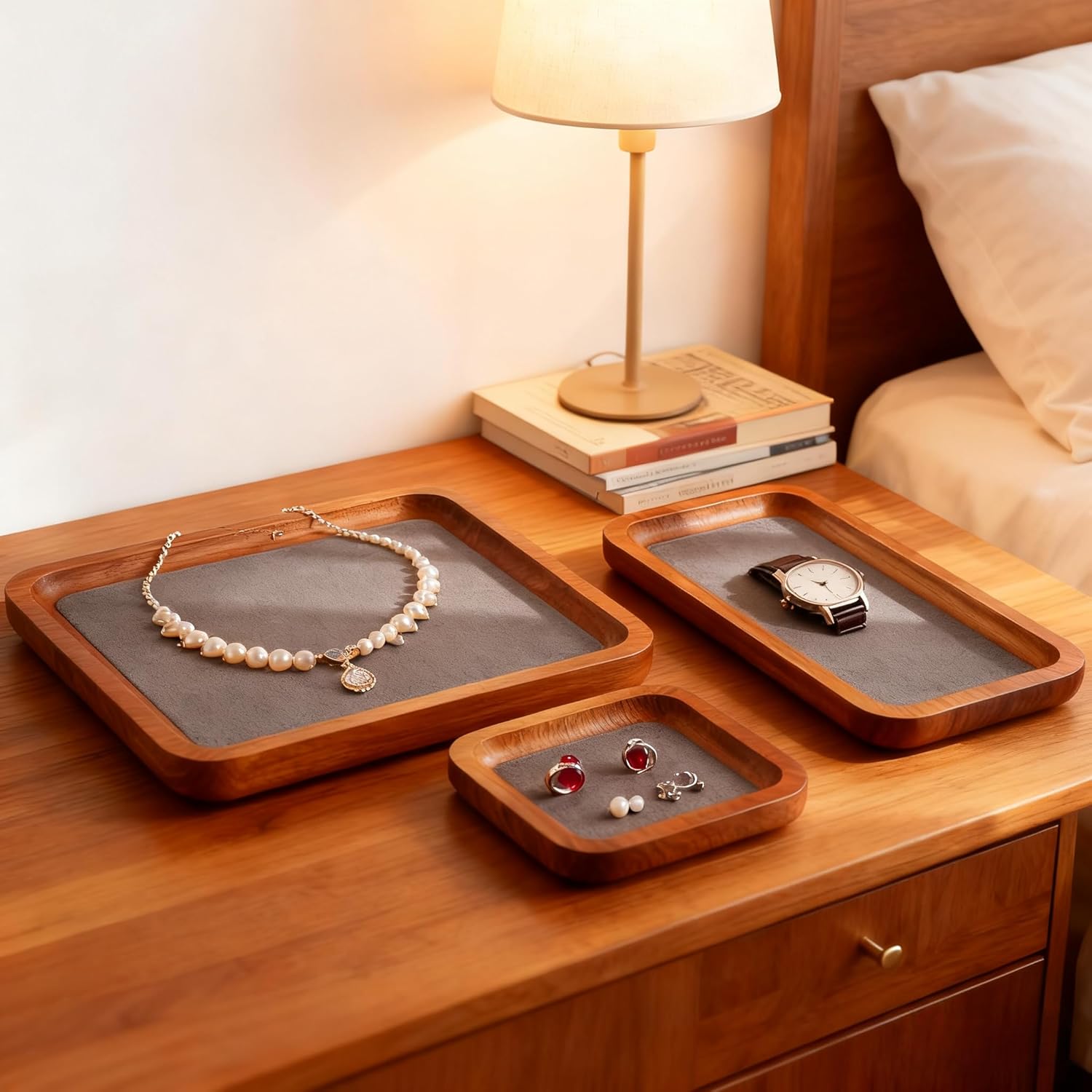 Wooden Jewelry Display Tray Rounded Rectangle Ring Showcase Stackable Elegant Bracelet Watch Jewelry Organizer for Personal Use and Commerce (Gray, Large-W 7'' x H 0.6'' x L 7.9'')