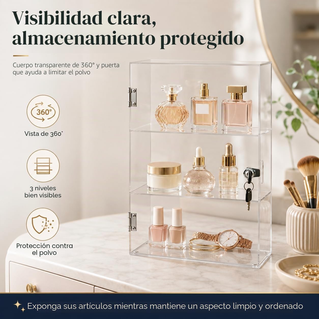 Vetrina con cierre de acrílico transparente de 3 niveles, con cerradura, expositor para casa, oficina, tienda, exposición, objetos de colección