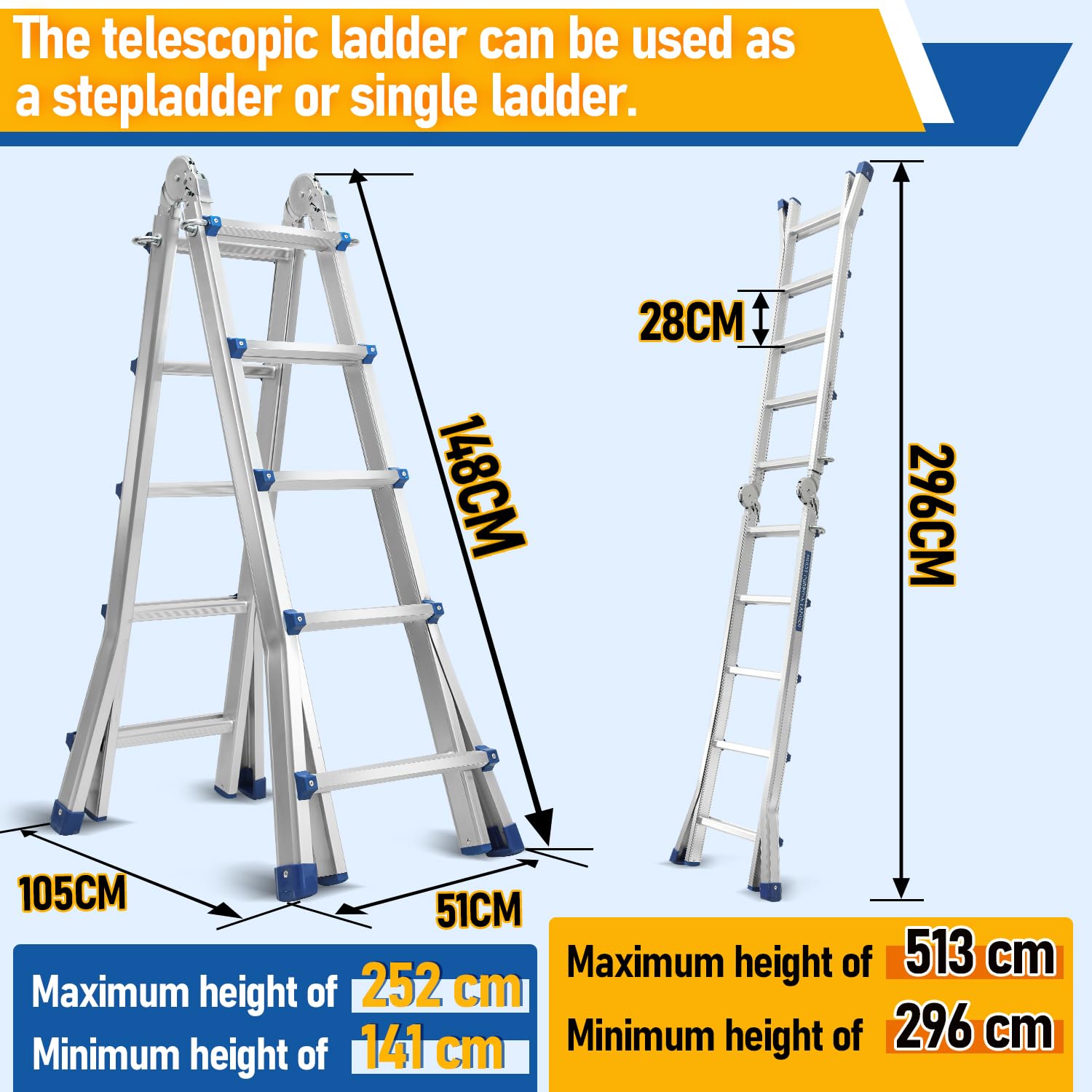 Fiqops Teleskopleiter 5.1M x 5 Stufen Ausziehleiter Rutschfester Alu Klappleiter, 150 KG/330LB Belastbarkeit Mehrzweckleiter,Ausziehbare Leiter Aluminiumleiter