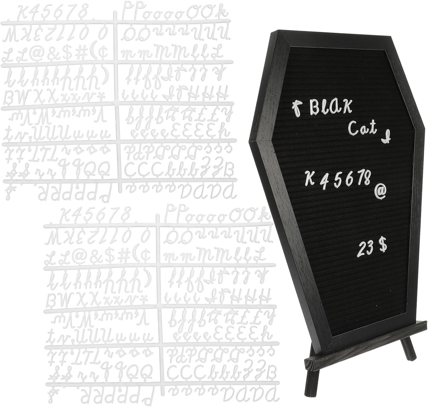 Operitacx Coffin Letter Board with 370 Spooky Halloween Characters & Numbers, Wooden Stand and Canvas Bag, Coffin Shaped Gothic Decor Sign Halloween Decorations