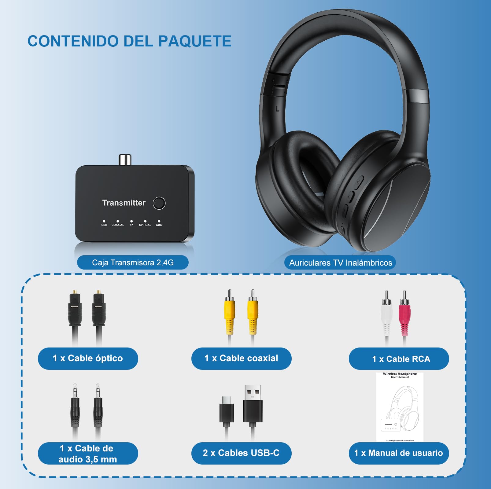 Auriculares Inalámbricos para TV para Mayores, 2.4G RF & Bluetooth 5.4 con Transmisor 5-en-1 (Salida Óptica/Coaxial/RCA/AUX/USB), 5 Modos EQ, Alcance 30m, 20H Autonomía, Over-Ear Plegables Regalo