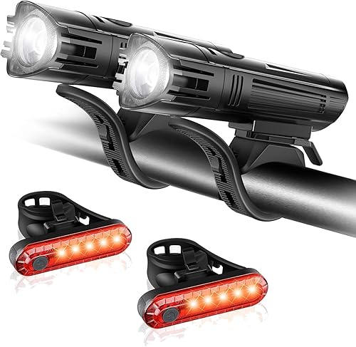 Paquete de 2 luces delanteras de bicicleta de 300 lúmenes y luces traseras, potente faro delantero y trasero de bicicleta, 4 modos de luz,