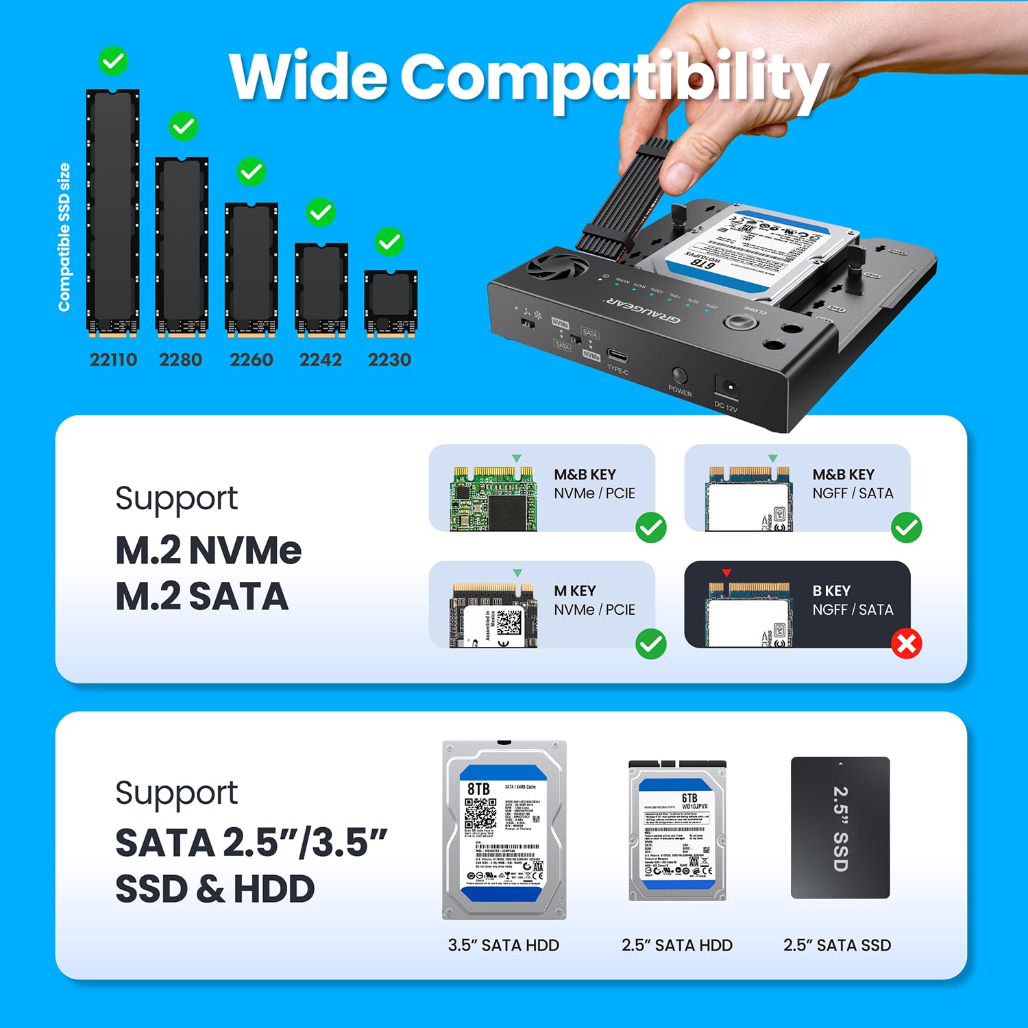 GRAUGEAR Station de Clonage Bidirectionnelle pour Disques Durs 2,5"/3,5" SATA HDD, SSD M.2 SATA et M.2 NVMe, Station d’Accueil pour Disques, Lecteur, USB3.2 Gen2 (10Gbit/s), Ventilateur Silencieux