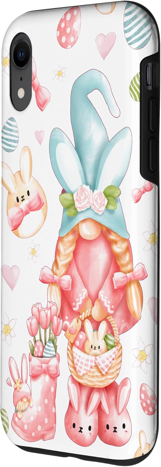 Cute Gnome Girl With Bunny Ears Pastel Spring Easter Gnome Case for iPhone XR