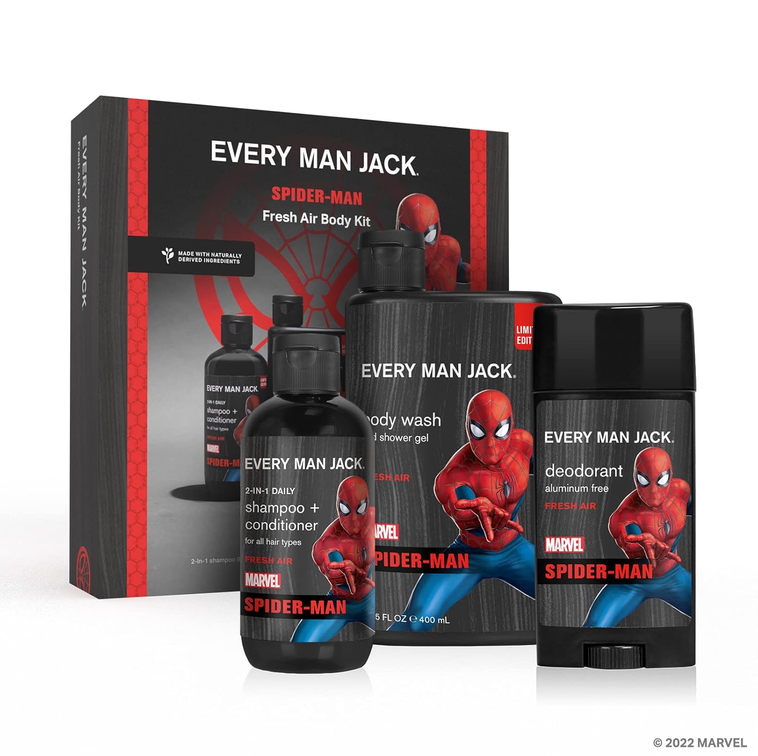 Every Man Jack Spider-Man Body Set - Bath and Body Gift Set - Includes Body Wash, Shampoo & Deodorant
