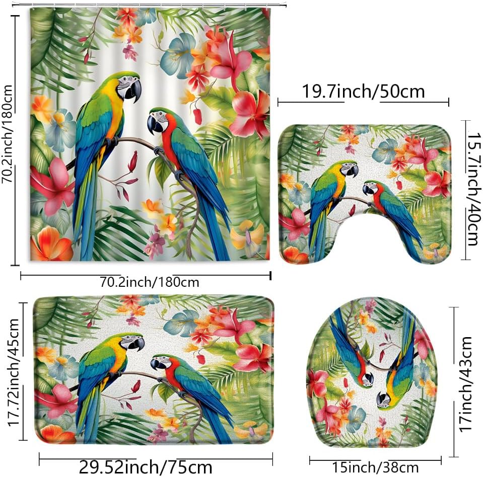 4 Piece Parrot Shower Curtains with Bath Rugs, Tropical Plant Watercolor Green Leaf Flower Beautiful Bird Animal Pattern, U Shape Mat Toilet Lid Cover, Polyester Bathroom Decor Curtain Sets
