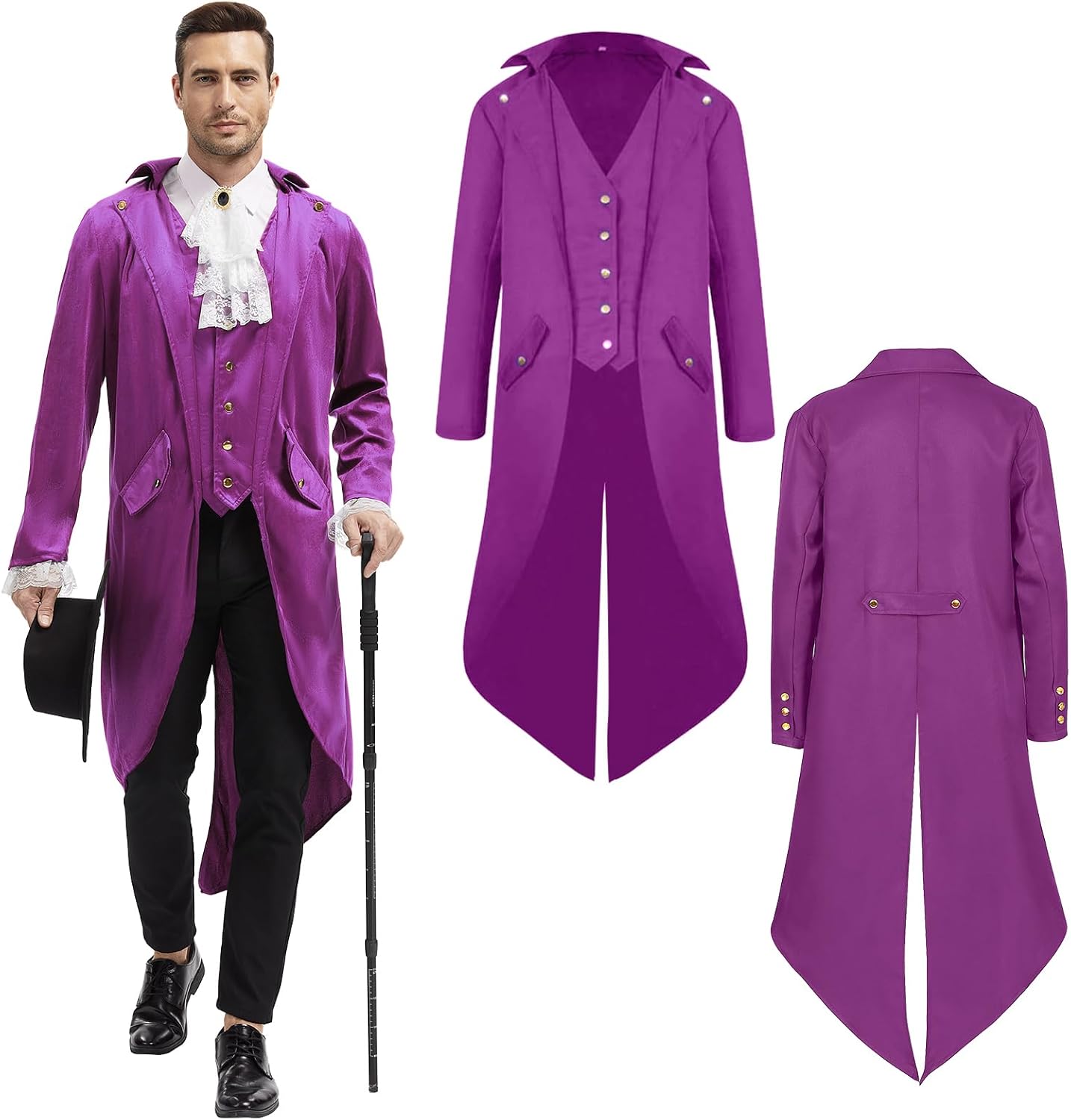 Steampunk Jacket Men Renaissance Tailcoat stand Collar Coat Halloween Costumes for Mens Purple 3X-Large