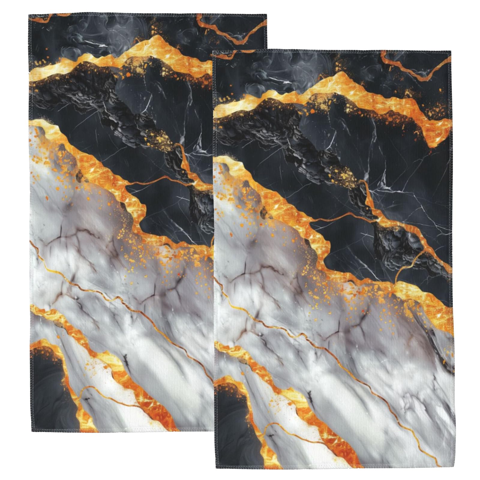 Ikfoela Black and Gold Marble Hand Towels for Bathroom Set of 2, 14x28 Inch Kitchen Towels Decor, Absorbent Soft