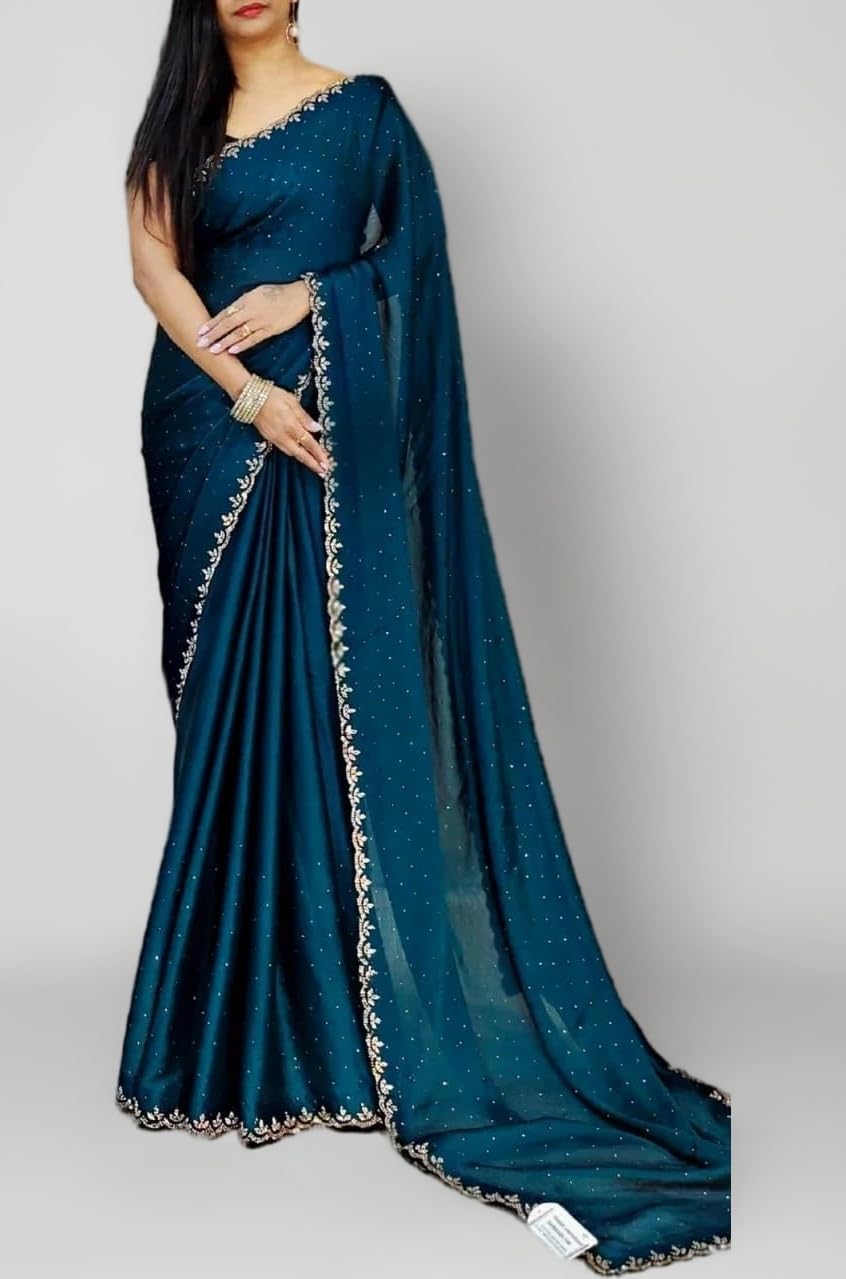 Women's Dailywear Georgette Stone Work Saree with Border & All-Over Stone Embellishments – Wedding Saree with Blouse Piece (5 Colors, 5.5m Saree + 0.8m Blouse)