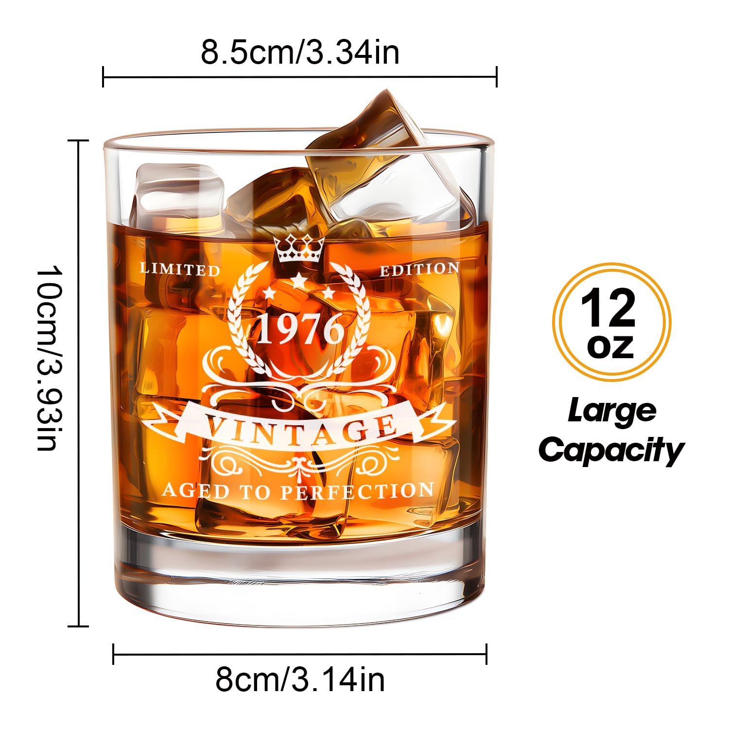 LIGHTEN LIFE Regali per il 50° compleanno per uomo 12 oz, bicchiere da whisky del 1975 in pregiata scatola di legno, bicchiere da bourbon del 1975 per papà e marito di 50 anni
