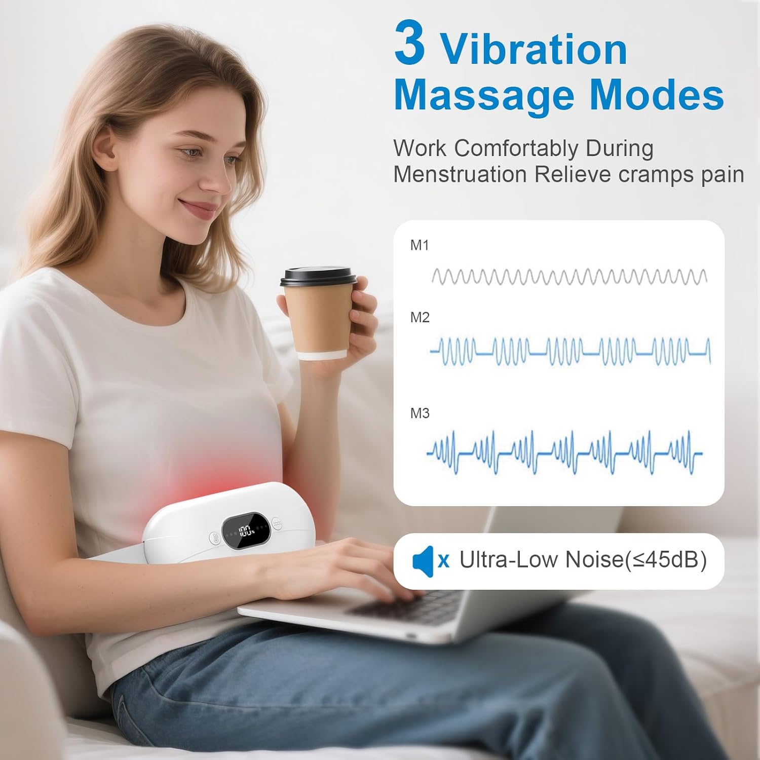 Portable Heating Pad for Period Cramps: New Cordless Menstrual Heating Pad with 3 Heat Levels and 3 Massage Modes, 3s Fast Heating Gift for Women and Girl White