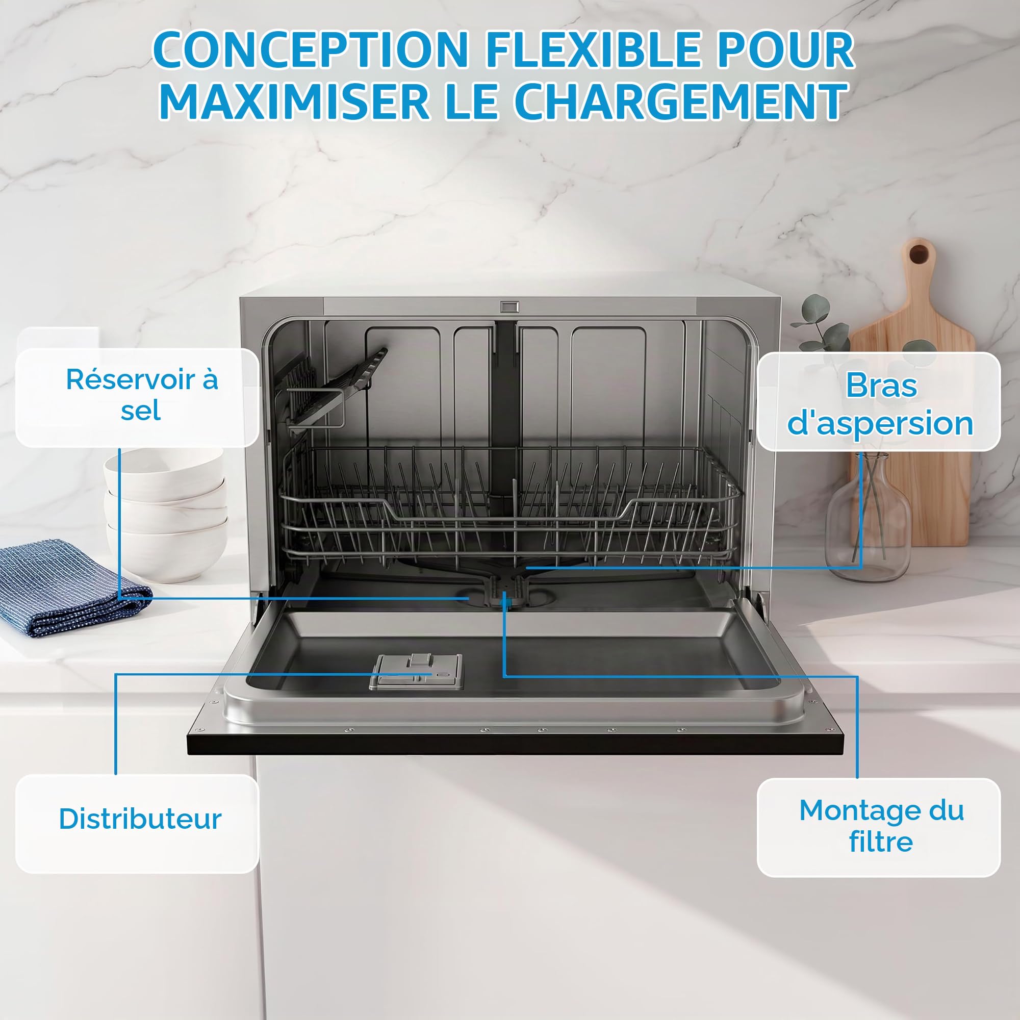 Midea Petit Lave-Vaisselle Blanc 55cm 6 Personnes Compact et Portable Sans Installation Lave-Vaisselle avec App Control 6 Programmes Filtre Antibactérien 49dB Nouveau Modèle