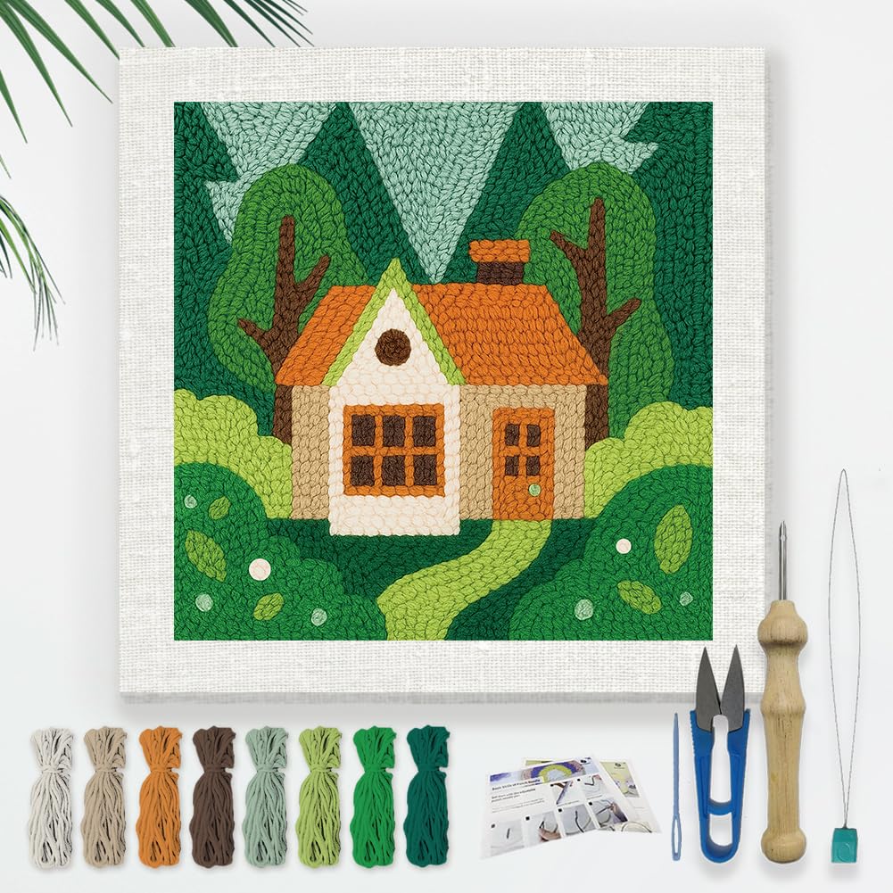 DOODLREAM Forest Cabin DIY Punch Needle Embroidery Kit for Adult Beginner 24 cm Punch Stitching Craft Set for Starter with Frame Fabric Pattern