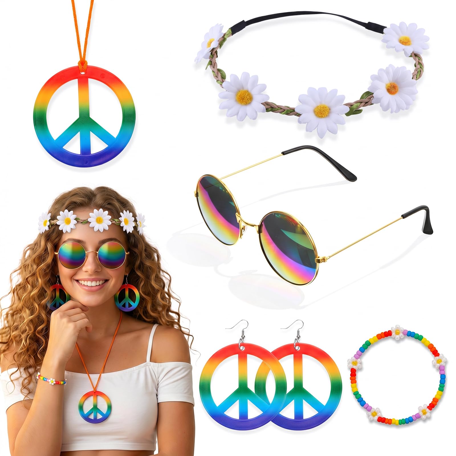Wanmu 5Pcs Hippie Accessories for Women 60s 70s Hippie Costume Accessory Set Daisy Flower Headbands Round Hippie Sunglasses Peace Sign Necklaces Earrings & Rainbow Bracelet for Groovy Carnival Party — image 1