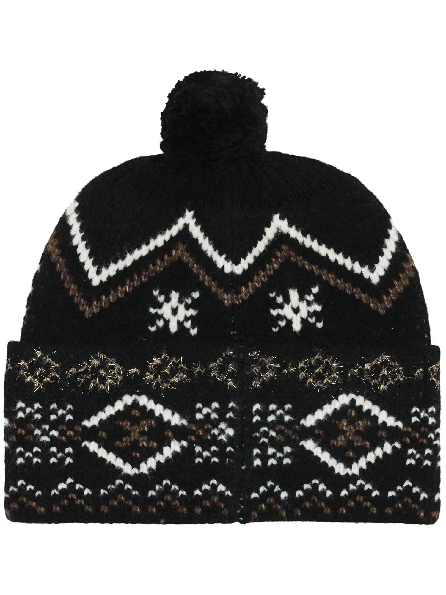 FRAAS Bonnet tricoté pour femme - Motif norvégien avec fil doré - Pompon - Bord large - Marché de Noël