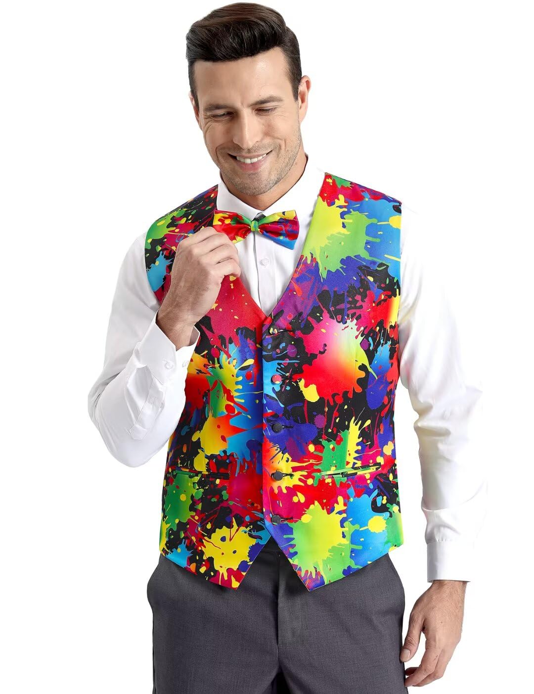 Fashonal 2-Piece Festival Suit Vest for Men, Party Waistcoat Vest & Bow Tie, Rainbow Splash Ink, 3XL
