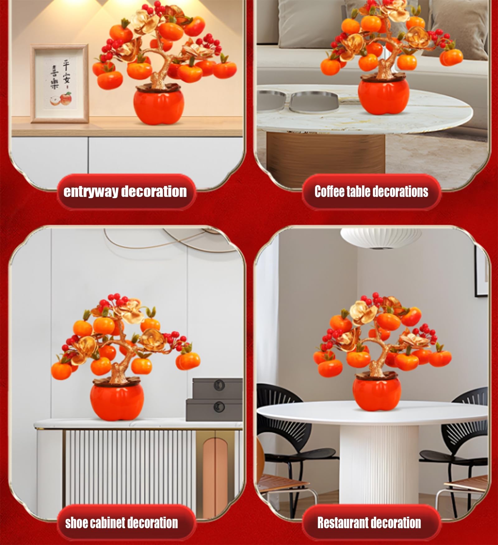 Ozdoba z persymony „Shi Shi Ru Yi" – dekoracja na chiński Nowy Rok, owoc bogactwa, rękodzieło Feng Shui, ozdoba na środek stołu do salonu, prezent na parapetówkę (28 x 33 cm),A
