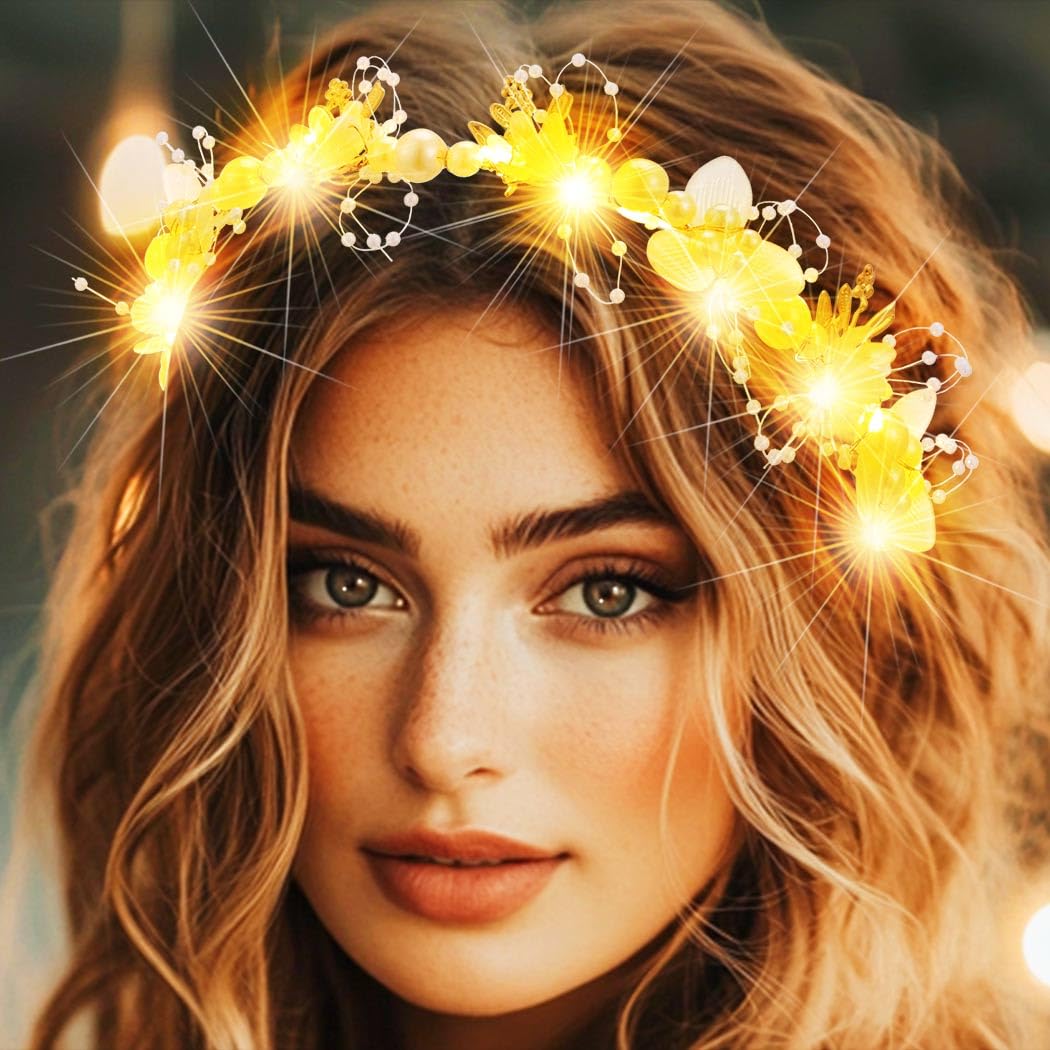 Jovono Light Up Pearl Bride Wedding Headbands Gold LED Flower Bridal Headpiece Leaf Hair Accessories for Women (White, Free size) - Image 4