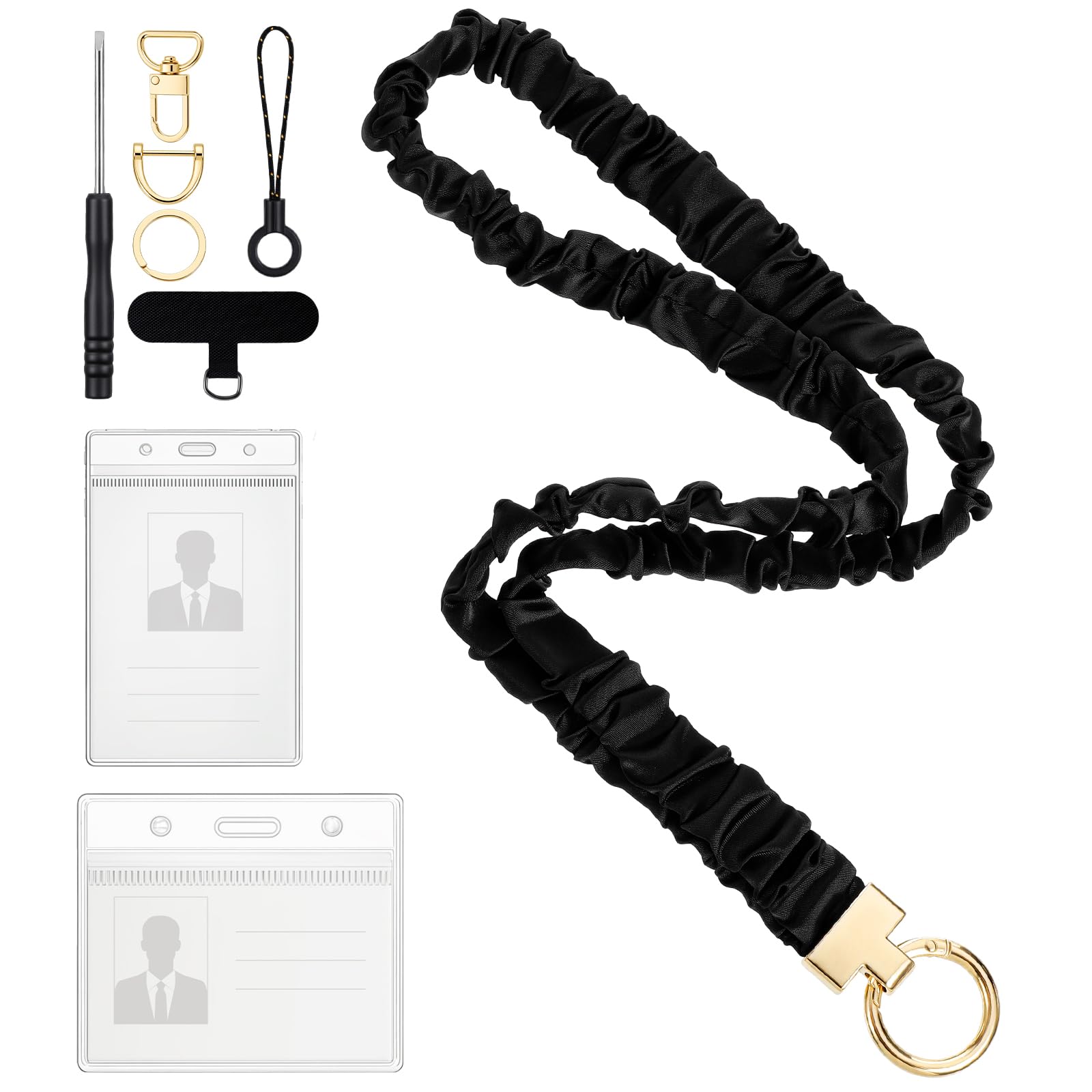 Scrunchie Lanyard for ID Badges Cute Neck Scrunchie Lanyard Retractable Stretchy Straps with Card Holder Black Stretchy Teacher