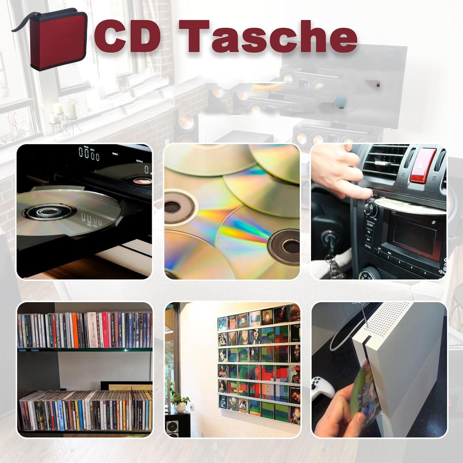 Sac de Rangement CD pour 40 Disques, DVD, Rouge Voiture Maison