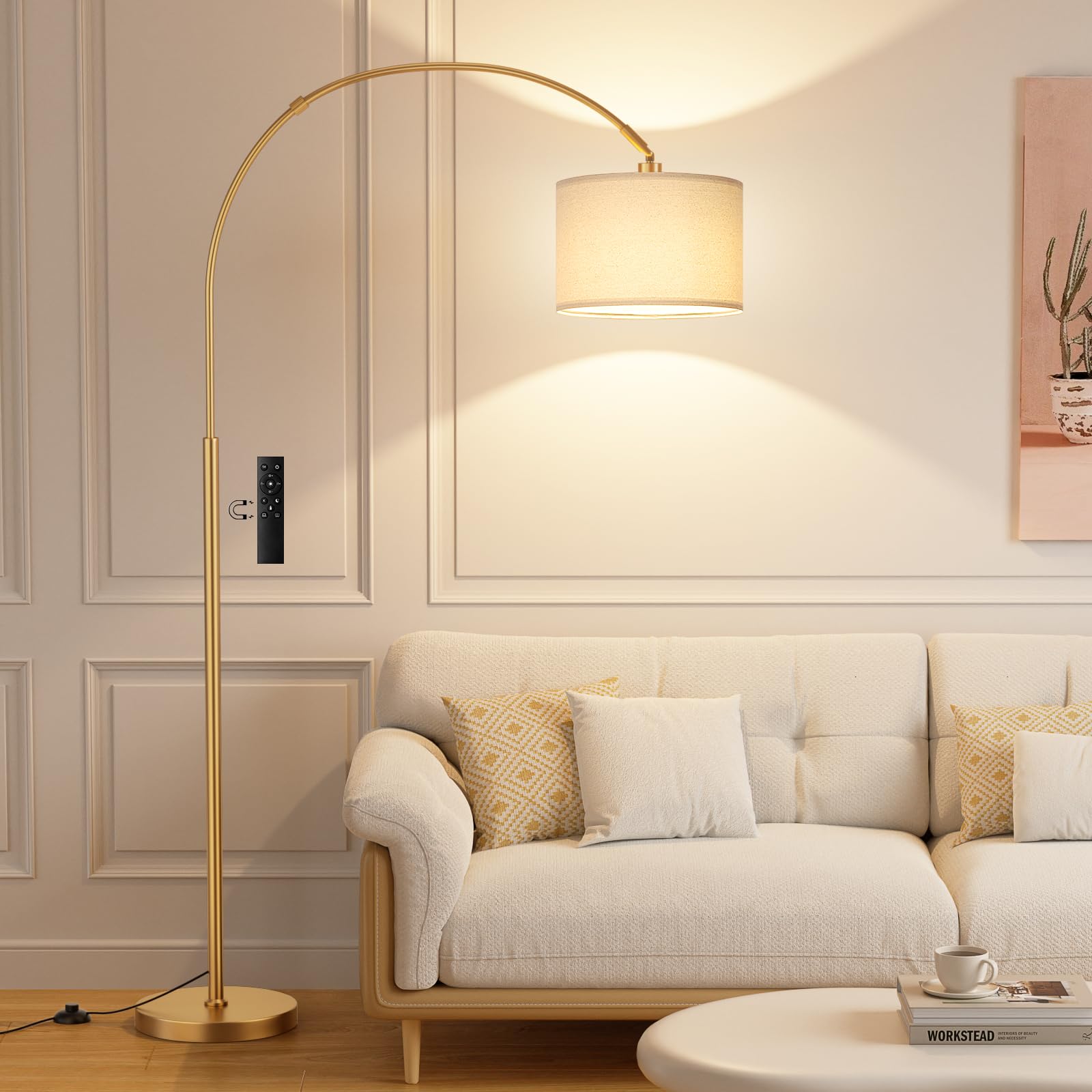 Lampadaire sur Pied Salon, LED E27 Lampe a Pied avec Télécommande, Lampadaire Arc Vintage, 3000K-6000K Intensité Variable pour Salon Chambre Bureau, Abat-jour Beige et Socle Doré, 180cm