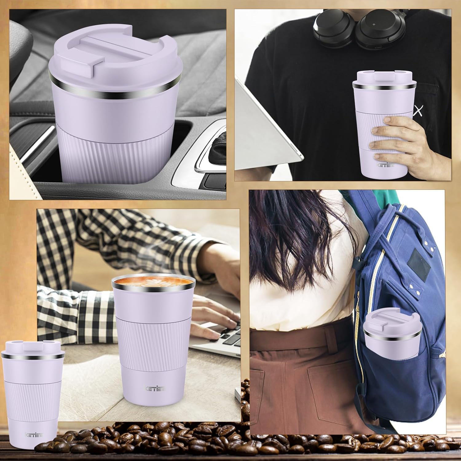 KETIEE Travel Mug 12oz: Insulated Coffee Mug with Leakproof Lid, Travel Coffee Mug Vacuum Stainless Steel Double Walled Reusable Coffee Cup for Hot and Iced Coffee Tea Water (Purple) - Image 5