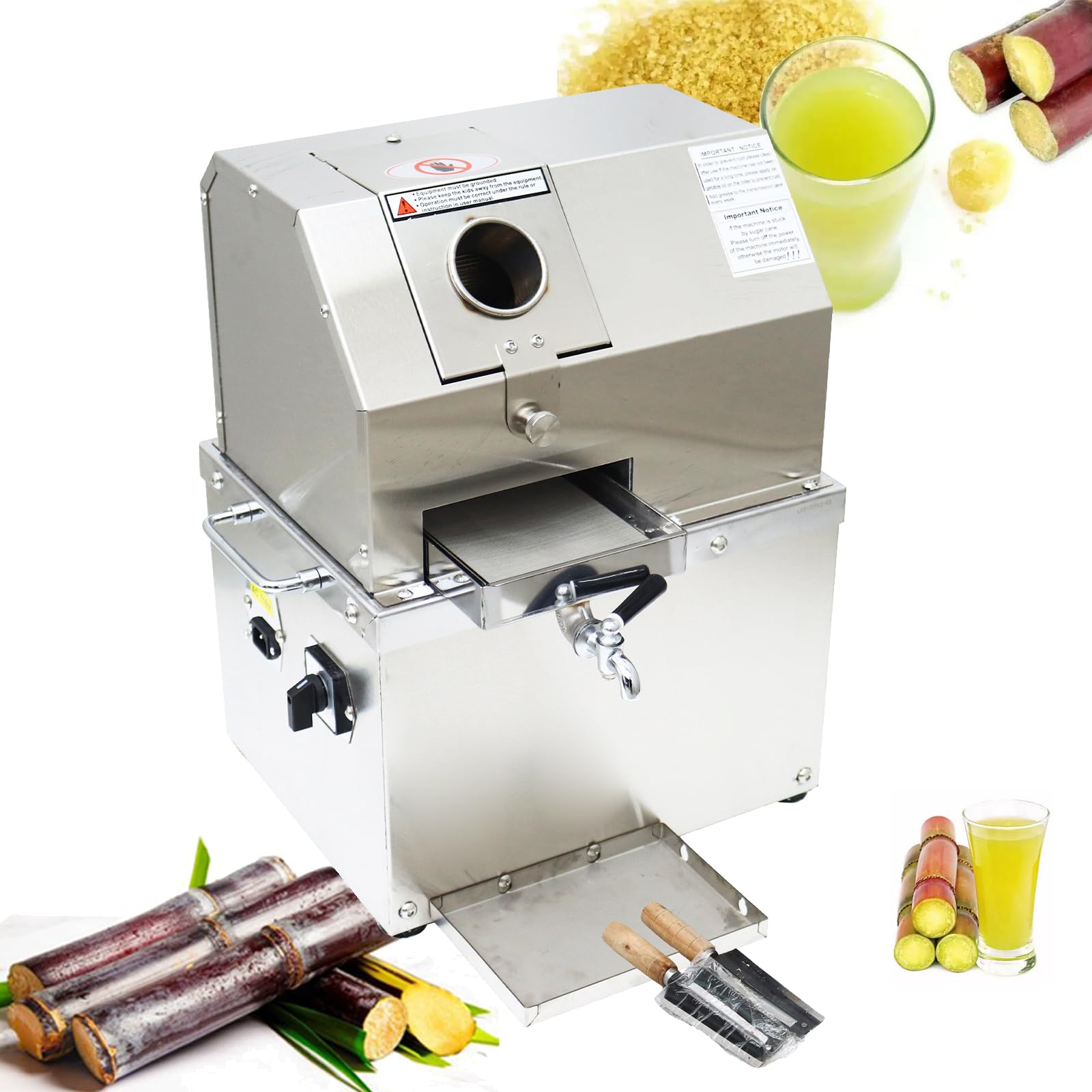 INTBUYING Electric Sugarcane Juicer, Sugar Cane Press Extractor, Stainless Steel 3 Rollers, Detachable Top Cover, Sugarcane Juice Squeezing Machine for Commercial & Home 110V 800W