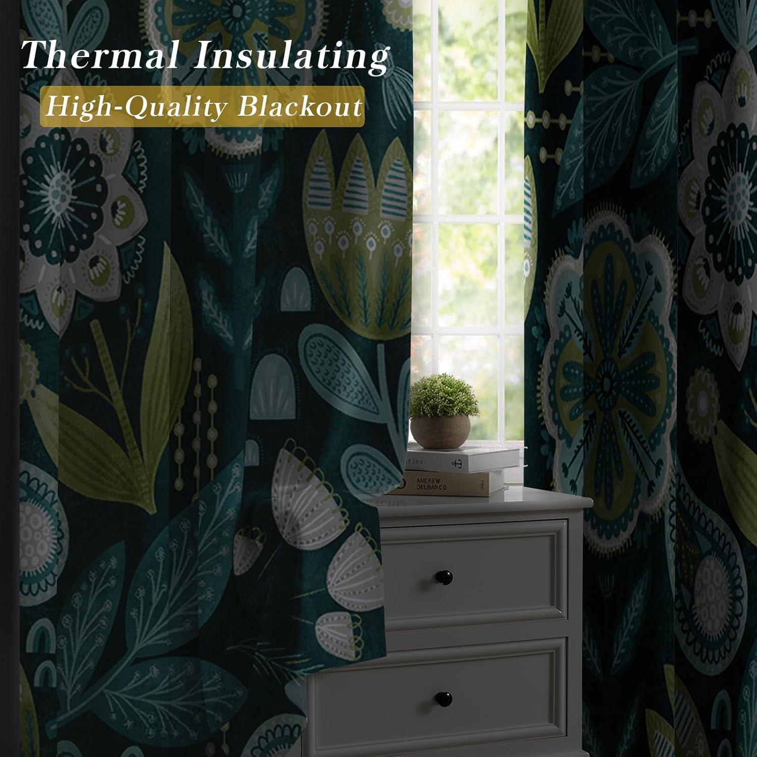 MitoVilla Boho Floral Blackout Curtains for Bedroom Windows, Plant Leaves Print Curtains for Living Room, Dark Green Bohemian Dining Room Curtain Draperies 2 Panel Sets, 52" X 84"