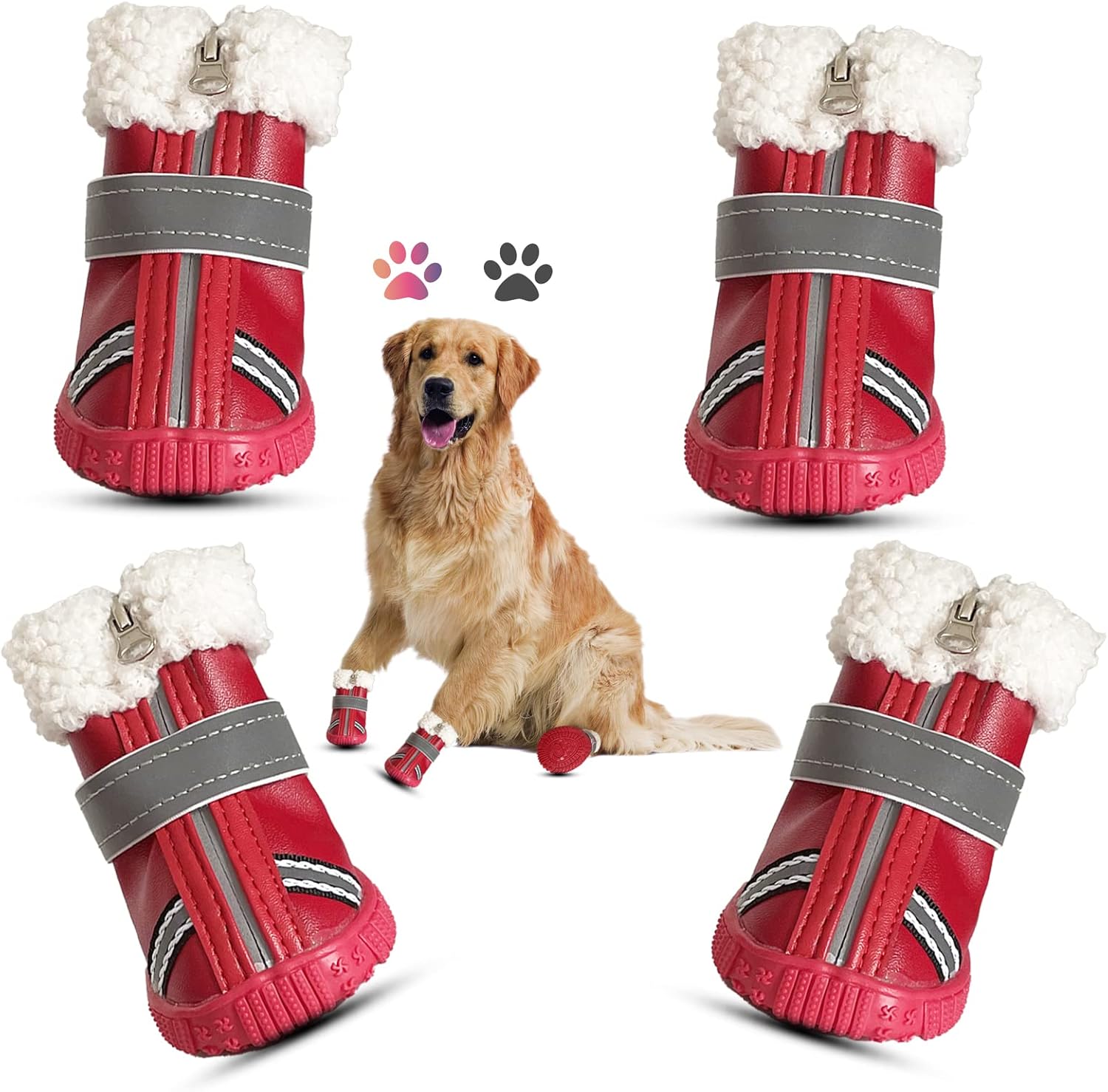 Dog Boots, Puppy Winter Shoes Pet Waterproof Paw Protectors with Reflective Strips Rugged Anti-Slip Sole for Snow/Ice Pavement (Red, #4)