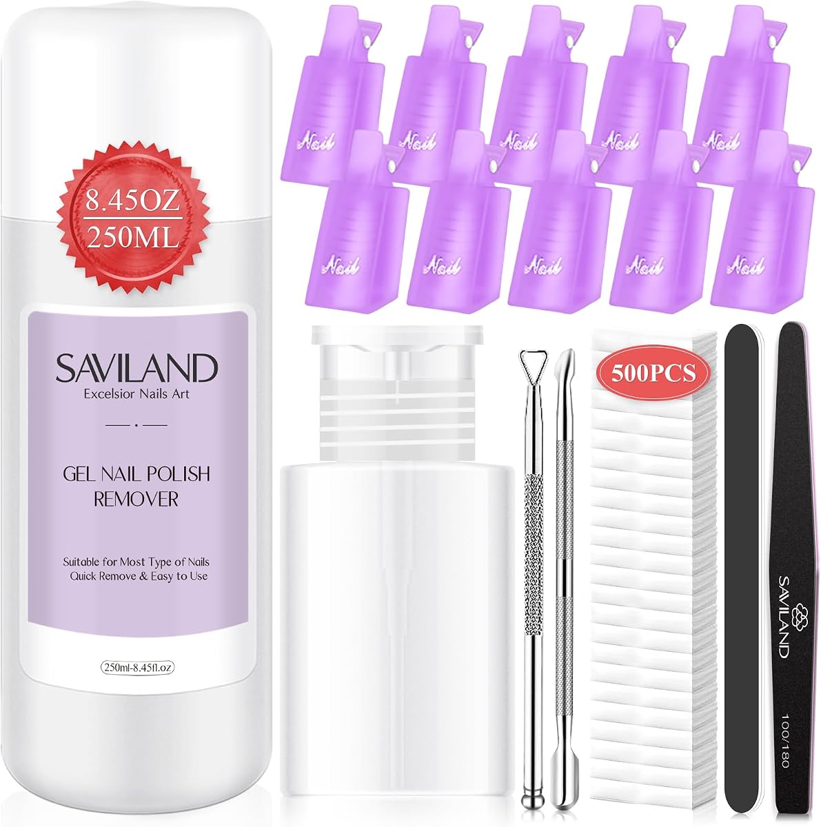 Kit de removedor de esmalte de uñas de gel: removedor de esmalte de uñas de 250 ml con clips para uñas, herramientas para uñas, 500 almohadillas de algodón, empujador de cutículas y raspador de uñas para uñas de gel, eliminación de acrílico, salón de manicura, hogar, bricolaje