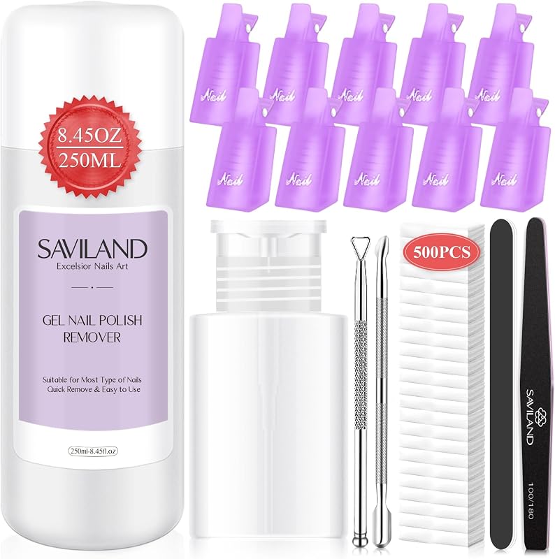 Kit de removedor de esmalte de uñas de gel: removedor de esmalte de uñas de 250 ml con clips para uñas, herramientas para uñas, 500 almohadillas de algodón, empujador de cutículas y raspador de uñas para uñas de gel, eliminación de acrílico, salón de manicura, hogar, bricolaje