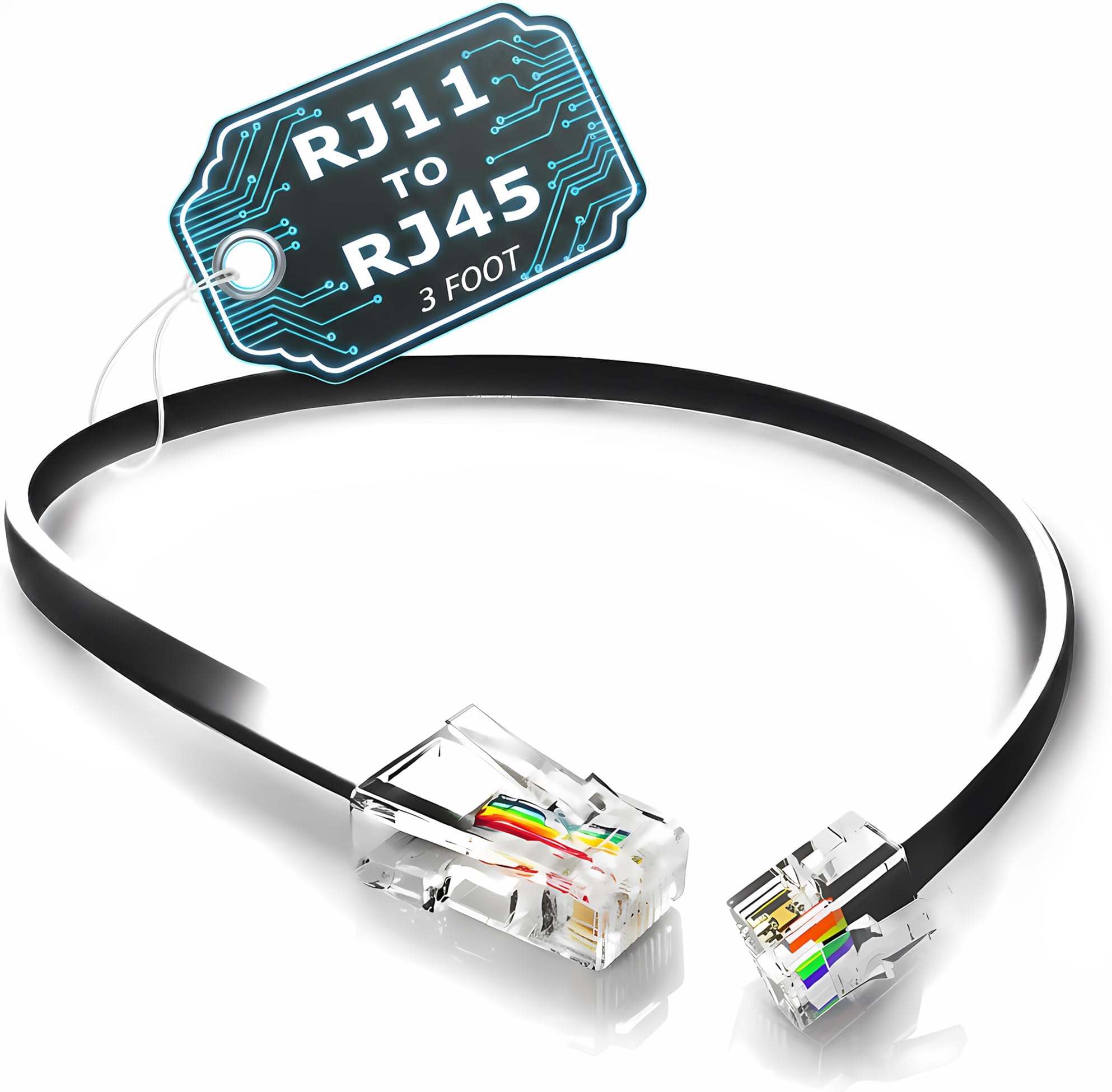 (2 Pack) 3 Feet RJ11 6P4C to RJ45 8P4C Telephone Cable (3 ft, Black)