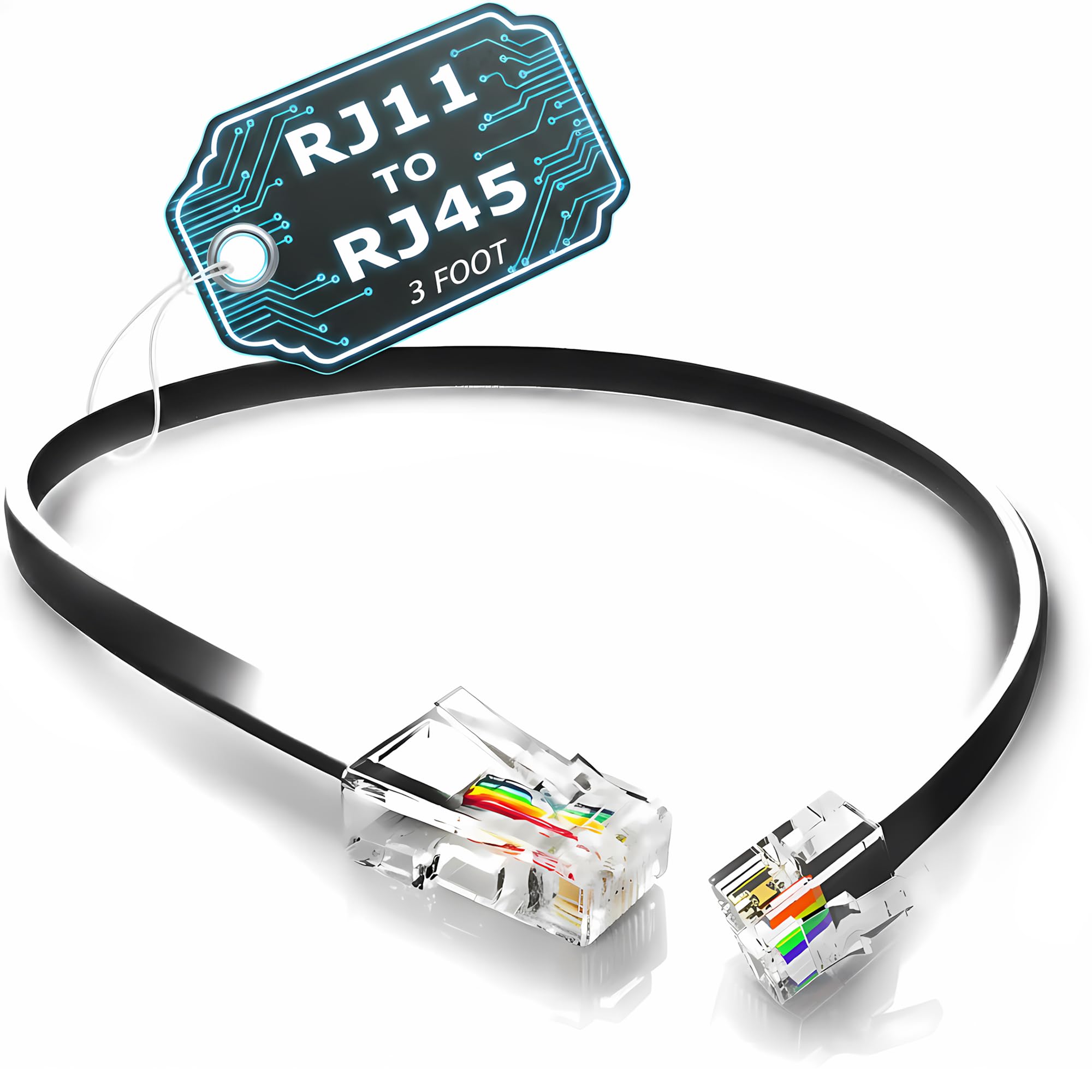 (2 Pack) 3 Feet RJ11 6P4C to RJ45 8P4C Telephone Cable (3 ft, Black)