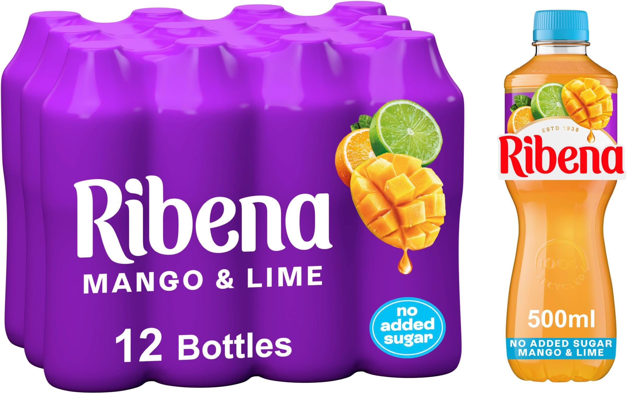 Mango and Lime Juice Drink No Added Sugar 500ml - Multipack of 12 | Real Fruit | Rich In Vitamin C | No Artificial Colours or Flavours | Tropical Refreshment | Ready To Drink | 100% Recycled