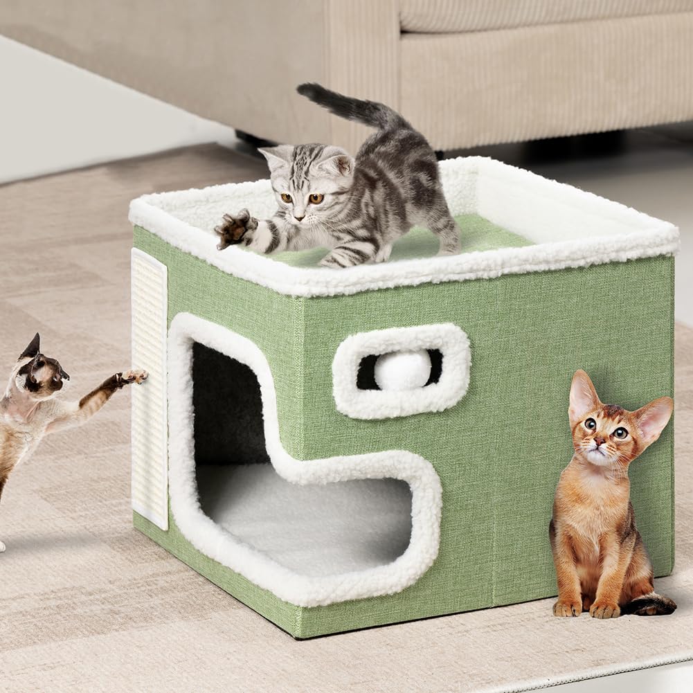 BAKAJI Folding Cat Bed with Large Entrance, Pet Shelter, Scratching Post Made of Warm and Padded Polyester, Non-Slip Base 42 x 42 x 33 cm (Green)