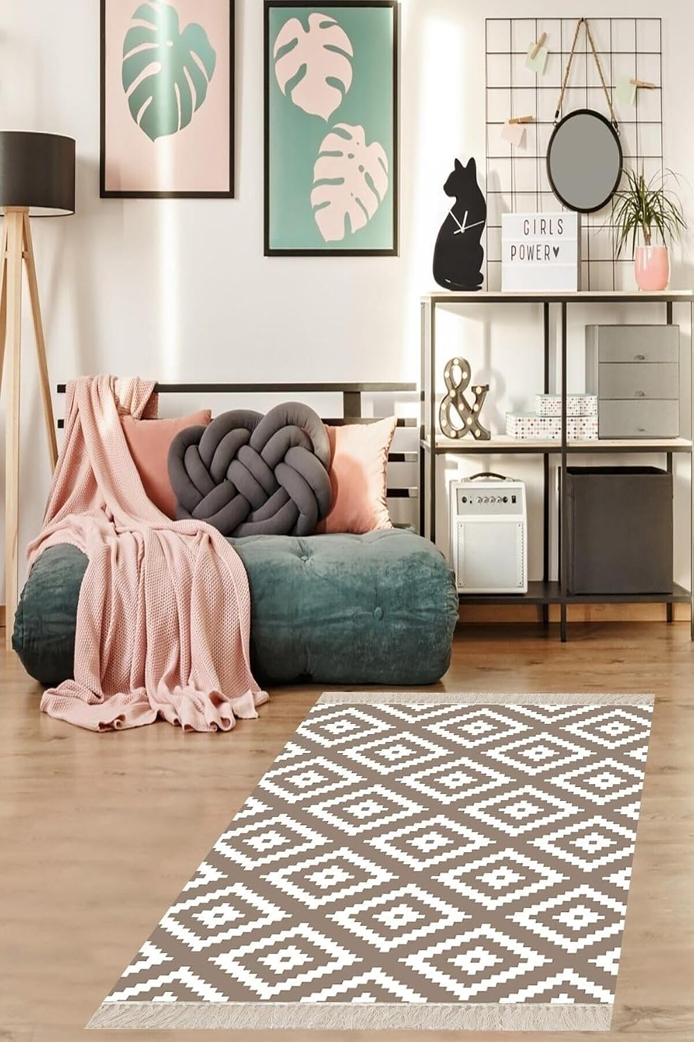 Pelangi Geometrik Baklava Dilimi Karo Desenli Dijital Baskı Yıkanabilir Kaymaz Taban Modern Salon Halısı, Vizon 180 x 300