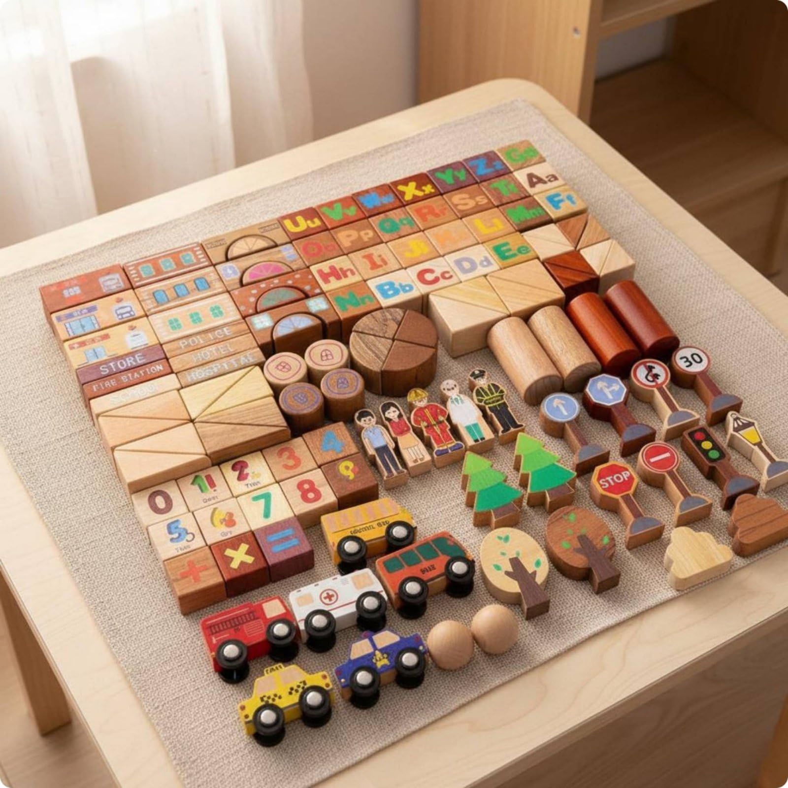 118 Pezzi Blocchi Costruzione Bambini Set Educativo Legno Scena Cittadina Segnali Auto Mattoncini Tattili in Faggio per Fantasia E Problem Solving