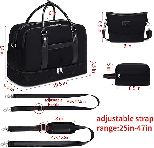 Miniatura 6 de Bolsas de fin de semana para mujer, bolsa de lona grande de viaje con compartimento para zapatos, bolsa de mano de mano, juego de 3 piezas