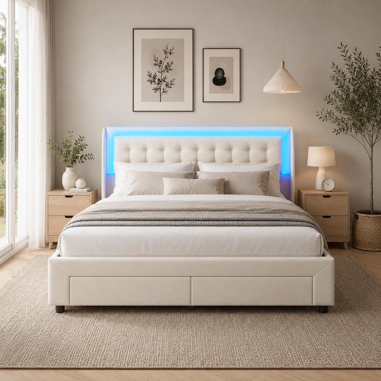 PerGar Letto imbottito 180 x 200 cm, letto matrimoniale a LED con vano portaoggetti e 2 cassetti, letto idraulico, letto funzionale, letto con vano portaoggetti, letto per ragazzi in velluto, senza